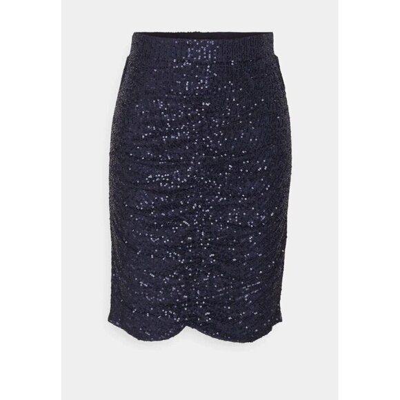 2nd Day NEW women Navy Blue sequin pencil skirt sz 36 (Small) BNWT ruched - Picture 2 of 9